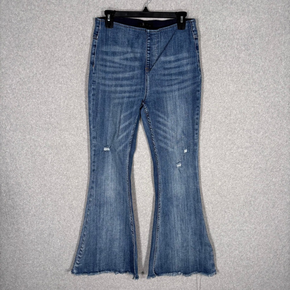 Risen Bell Bottom Flare Jeans Large Raw‎ Frayed Pull On Elastic Boho Western